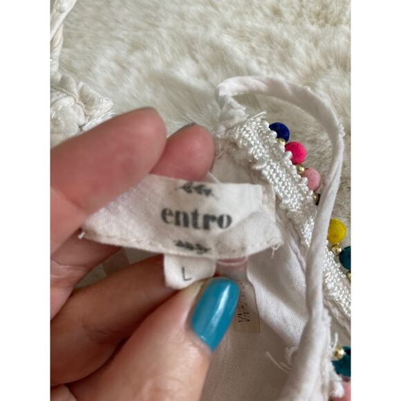 Entro Gauzy White Pink Tie Dye Colorful PomPom Spaghetti Strap Tank Sz L - Picture 8 of 12